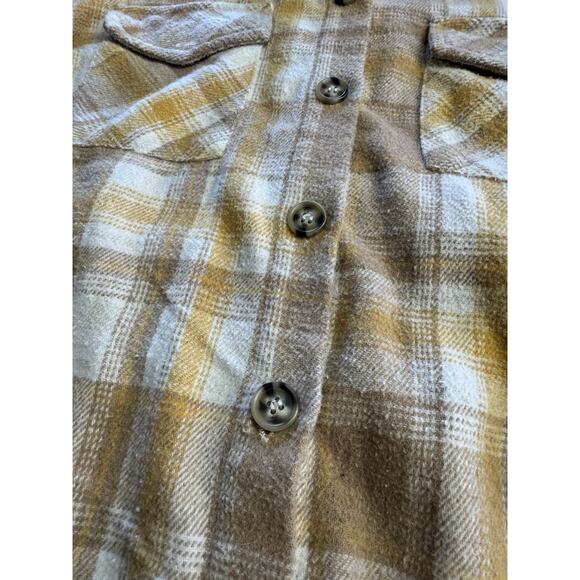 Pie In The Sky Women’s Oversized Medium Plaid Flannel Shirt Yellow Tan White - Picture 2 of 6